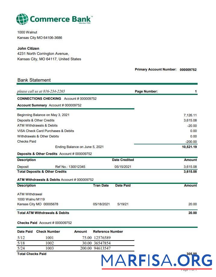 Blank USA Commerce bank statement excel sample